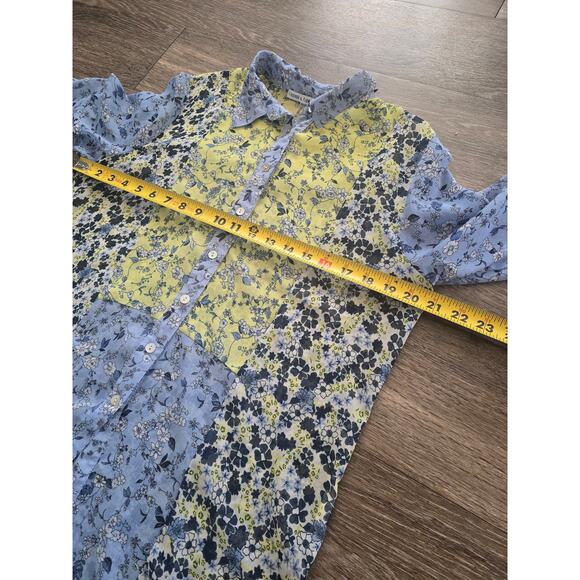Figueroa & Flower Sheer Floral Button Down Blouse Blue Yellow Boho M Cottagecore - Picture 8 of 9